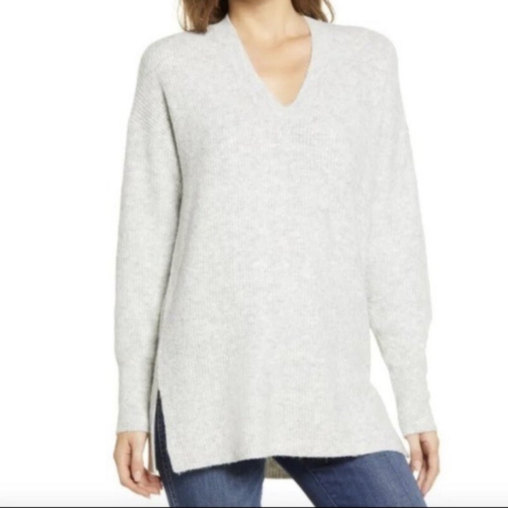 New Halogen Heather Grey Cozy V-Neck Waffle Knit Oversized Sweater Small